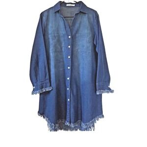 Francis Cabrel Womens Blue Denim Style Fringe Hem Button Down Shirt Dress Size M